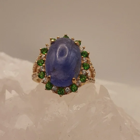 925 Genuine Tanzanite, Chrome Diopside And White Zircon. Yellow Gold Over 925.